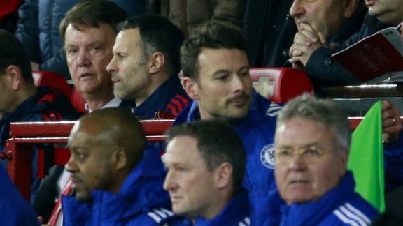 Manchester United assistant Ryan Giggs, manager Louis van Gaal and Chelsea Guus Hiddink