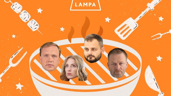  "Lampas" "Politiķu cepienā" uz jokdaru pannas – Valainis, Lāce, Jurēvics un Pozņaks. Ieraksts