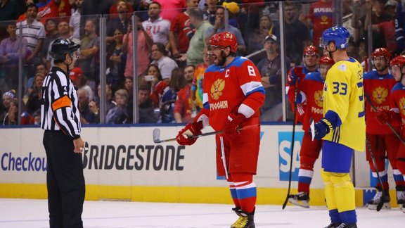 Alex Ovechkin with referee Wes McCauley