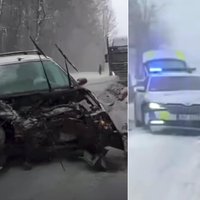 Video: Sniegputeņa dēļ daudz negadījumu – avarē pat policijas patruļauto