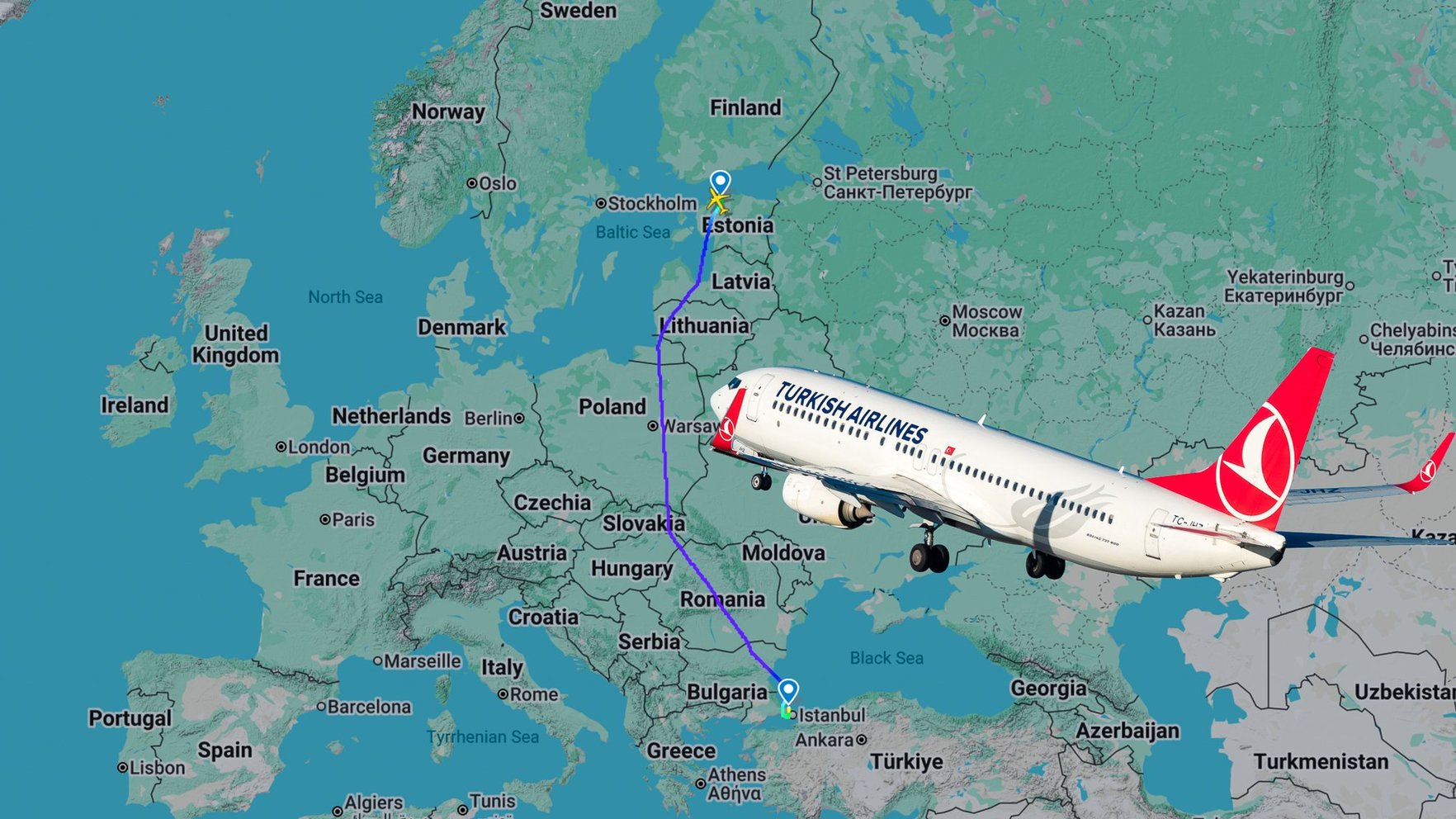 "Turkish Airlines" lidmašīna no Tallinas uz Stambulu lido pa neierastu maršrutu; pasažieris ceļ trauksmi 