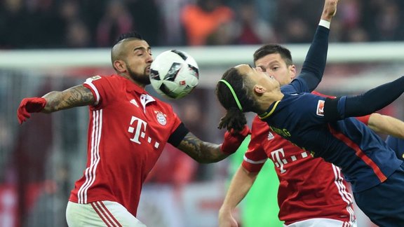 Bayern Munich Xabi Alonso, Arturo Vidal, Leipzig striker Yussuf Poulsen