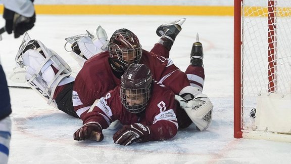 Latvia U-18 Janis Voris #1 and Andrejs Kostjuks