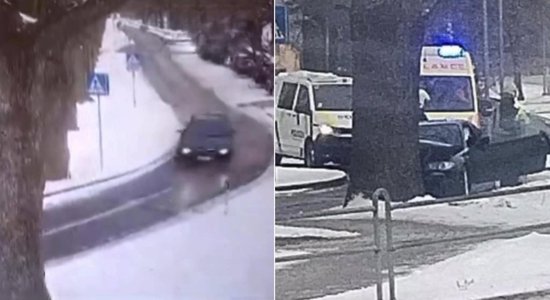 Video: Valmierā jaunietis ar BMW pārlido "gulošo policistu" un ietriecas kokā