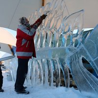Foto: Kā top 'Brīnumzemes' ledus skulptūras Jelgavā