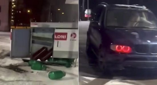 ВИДЕО. Пурвциемс: водитель BMW протаранил на заправке шкаф с газовыми баллонами, после чего сбежал