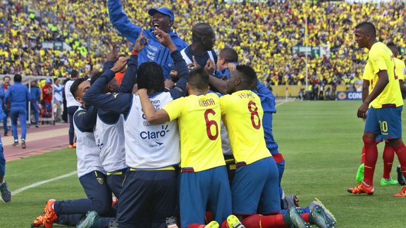 Ecuador s footballers celebrate goal against Uruguay