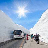 Sniega koridors Japānā, kuru ieskauj pat 20 metrus augstas kupenas