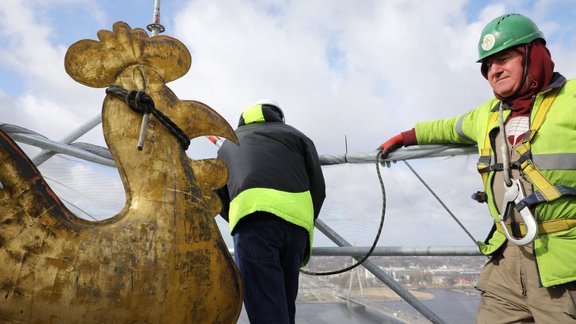 No torņa smailes noceļ Jēkaba katedrāles gaili, lai to atjaunotu un apzeltītu - 12