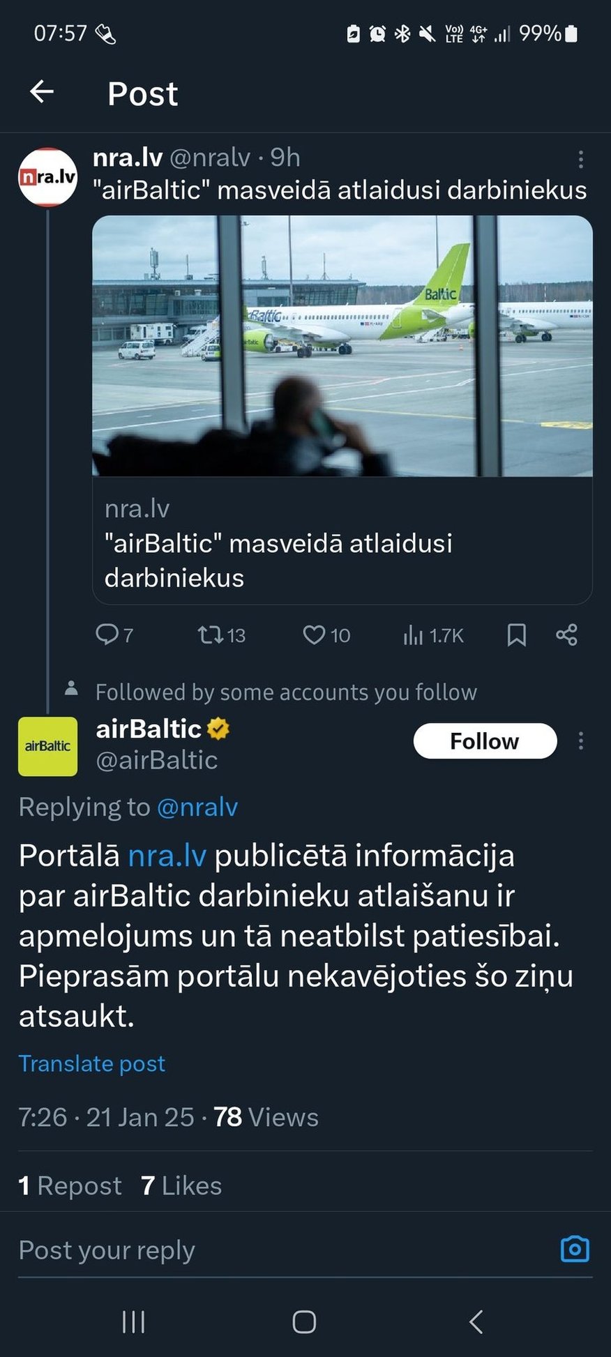 "airBaltic": ziņas par masveida darbinieku atlaišanu neatbilst patiesībai