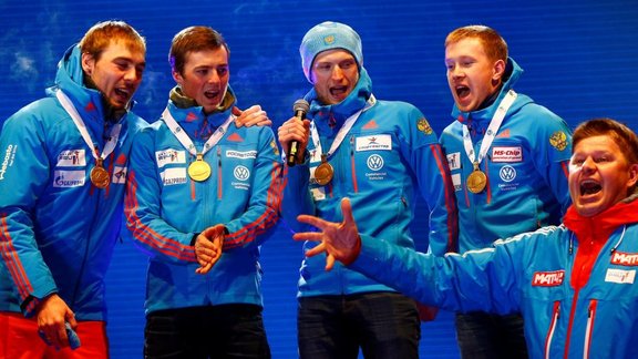 Alexey Volkov, Maxim Tsvetkov, Anton Babikov, Anton Shipulin of Russia and Dmitry Guberniev sing national anthem Russia