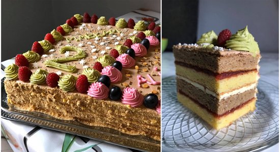 Greznā lauku torte ar divu veidu biskvītiem un trīs krēmiem