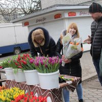 Foto: Sieviešu dienā Jelgavā puķu tirgū liela rosība
