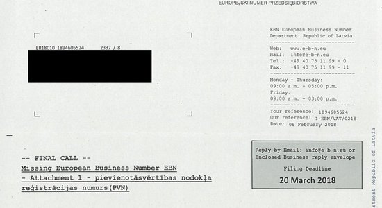 VID brīdina par 'EBN-European Business Number Latvija' viltus vēstulēm