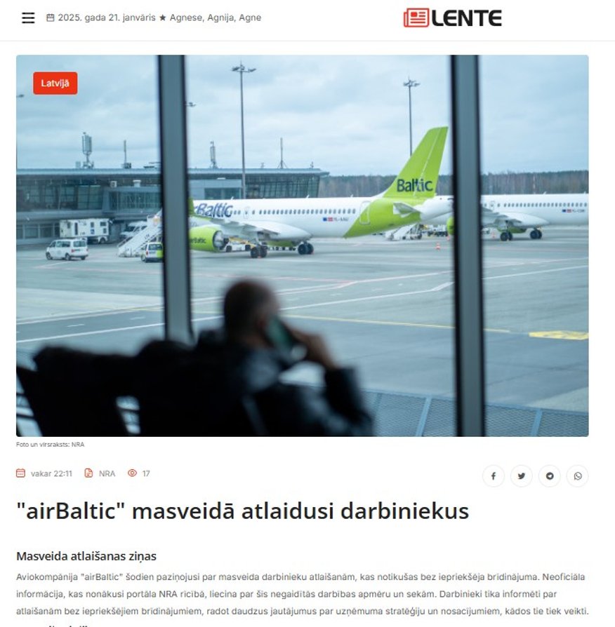 "airBaltic": ziņas par masveida darbinieku atlaišanu neatbilst patiesībai