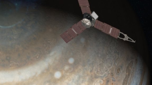 Zonde "Juno" uz Jupitera fona; mākslinieka ilustrācija.