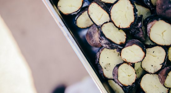 Ugunskurā cepti kartupeļi ar skābā krējuma, plaucētu nātru un skābeņu mērci
