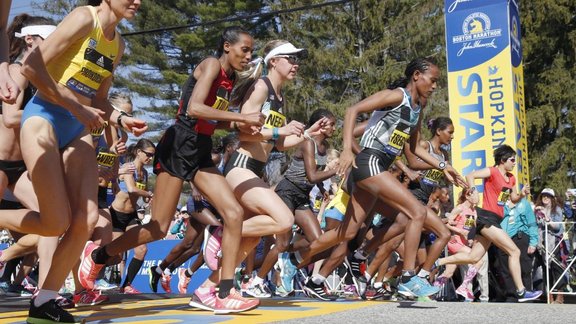 Boston Marathon start line in Hopkinto, Jelena Prokopcuka