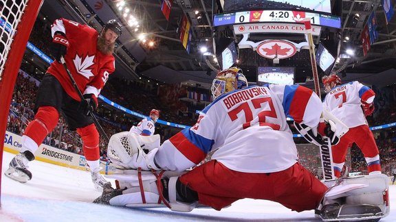 Sergei Bobrovsky Russia saves Joe Thornton Canada 