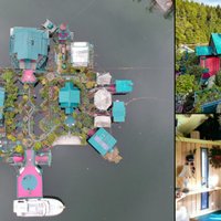Foto: Fascinējoša peldošā sala Kanādā ar ēkām un pat mazdārziņu