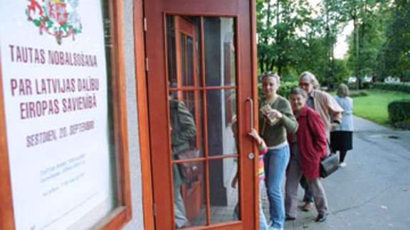 Vēlēšanu iecirknis tautas nobalsošanā par Latvijas dalību Eiropas Savienībā Carnikavas pagastā. Foto: AFI