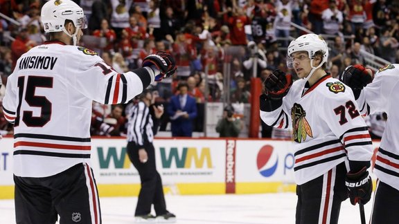 Chicago Blackhawks Artemi Panarin celebrates goal with Artem Anisimov