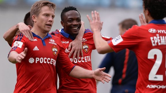 CSKA s players Aleksandrs Cauna, Ahmed Musa and Roman Yeryomenko