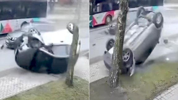 Video: Liepājā auto apmet kūleni gluži kā seriālā "Kobra 11"