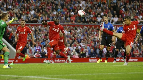 Christian Benteke scores the first goal for Liverpool 