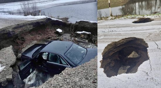 ФОТО. Литва: под Клайпедой нашли провалившийся в глубокую яму автомобиль, людей в нем не было
