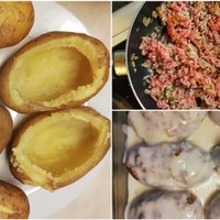 Pildīti kartupeļi ar malto gaļu un sieru krēmīgā mērcē