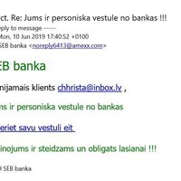 Банк SEB предупреждает клиентов о письмах мошенников