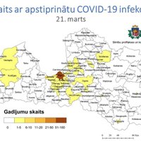 'Covid-19' izplatības karte: visvairāk saslimušo Rīgā un Jūrmalā