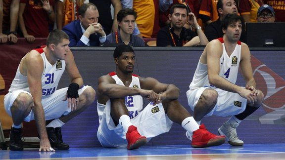 CSKA Viktor Khryapa, Kyle Hines and Milos Teodosic