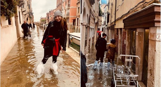 Foto: Gundega Skudriņa applūdušo Venēciju izbrien ar miskastes maisiem kājās