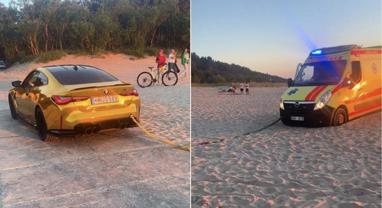 Видео: на спортивной BMW вытащили застрявшую в пляжном песке "скорую помощь"