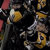 Video: 'Penguins' hokejists izglābj treneri no galvā lidojošas ripas