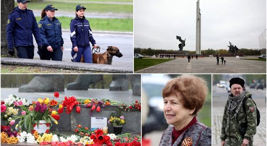 Foto: Uzvaras parkā skaļo svinību vietā tikai ziedu nolikšana; policija gatava provokācijām