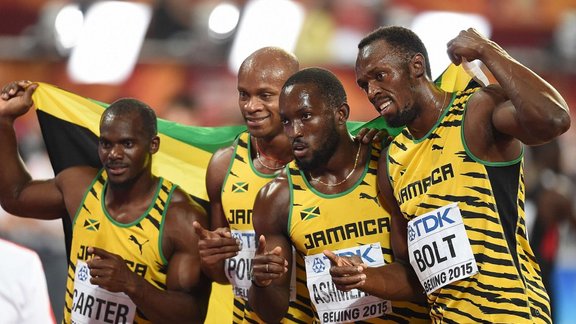 The Jamaican relay team (L-R) Nesta Carter, Asafa Powell, Nickel Ashmeade and Usain Bolt