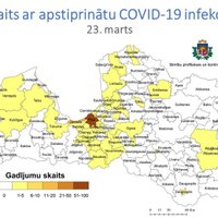 Jaunākā Covid-19 izplatības karte: saslimšana konstatēta vairākos Latvijas novados