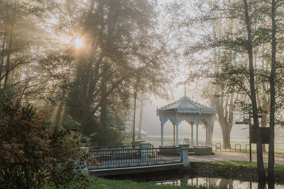 Foto: Baltā miglā tītais Ķemeru vēsturiskais parks atgādina pasaku