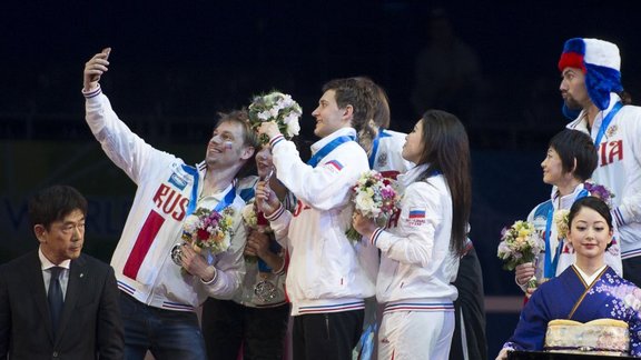 Russian figure skaters Sergey Voronov, Yelizaveta Tuktamysheva, Maxim Kovtun Aleksandr Smirnov, Yuko Kawaguti, Yelena Ilyinykh