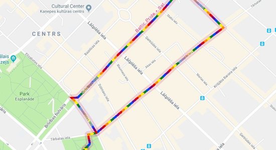 'Google Maps' Rīgas kartē iezīmējusi Baltijas praida maršrutu