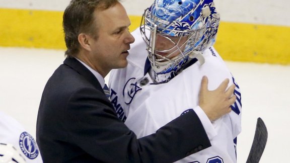 Tampa Bay Lightning coach Jon Cooper with goalie Andrei Vasilevskiy