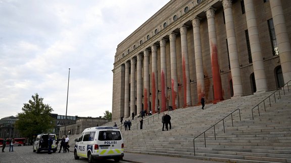 The Parliament House of Finland was smudged with red paint on the morning of September 25, 2024, in Helsinki, Finland du