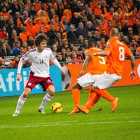 Foto: Latvijas futbolisti piedzīvo sagrāvi pret Nīderlandes izlasi