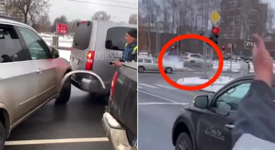 ВИДЕО: В Плявниеках BMW X5 попал в аварию, попытался уехать и протаранил грузовик