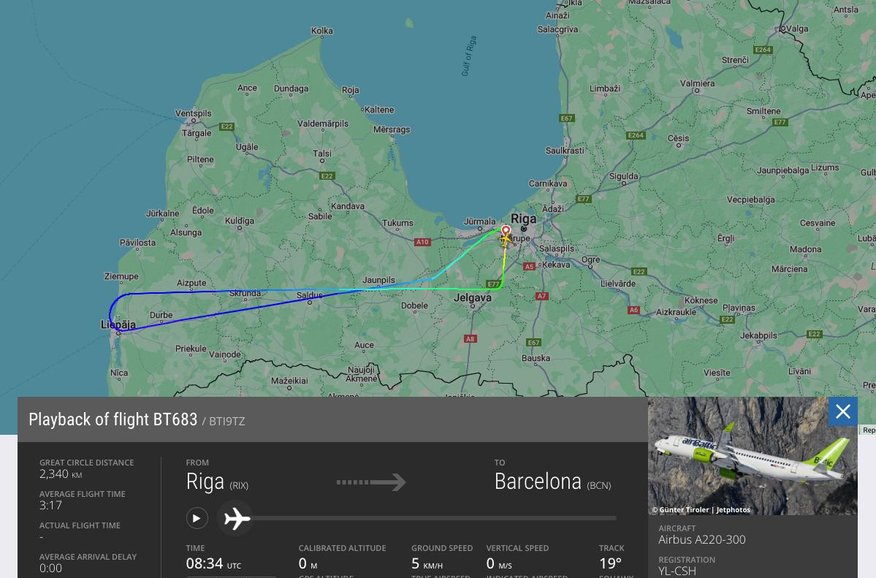 "airBaltic" lidmašīnu uz Barselonu, iespējams, skārušas tehniskas problēmas